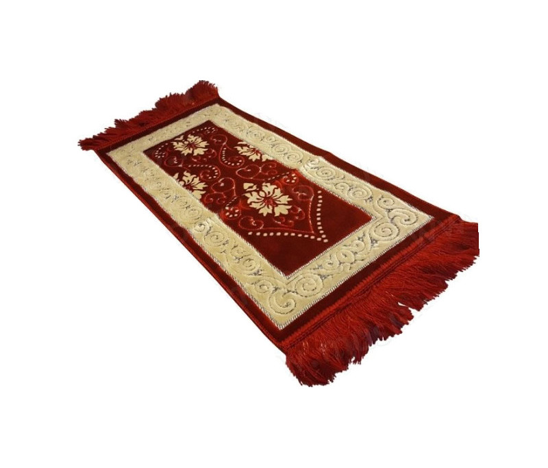 Grand tapis de luxe épais couleur Bordeaux avec dessins indiquant la  direction de la qibla