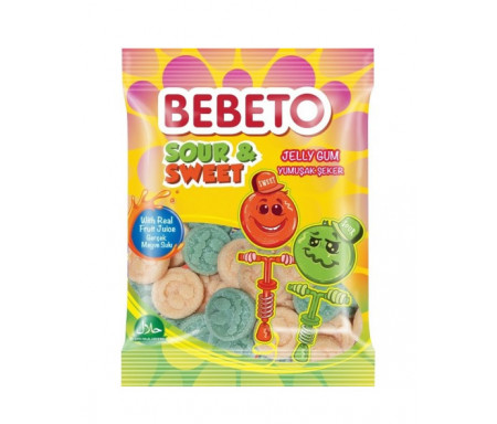 Bonbons Halal Sour & Sweet (Acidulé et Sucré) - Fabriqué avec du vrai Jus de Fruit - Bebeto - Sachet 80gr
