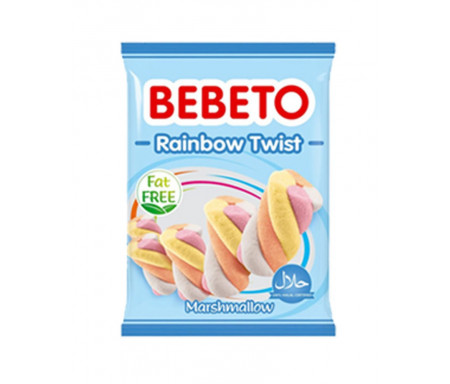 Bonbons Halal Marshmallow Rainbow Twist (Mélange arc-en-ciel) Bebeto - Sans gras (sachet de 135g)