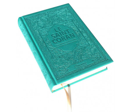Le Saint Coran - Transcription phonétique en caractères latins et Traduction des sens en français - Edition de luxe - Couverture en daim vert-bleu