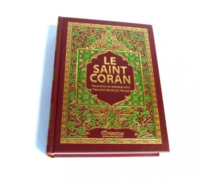 Le Saint Coran de couleur Bordeaux avec arabesques vertes bordées de dorures - arabe-français-phonétique - Transcription en caractères latins et traduction des sens en français