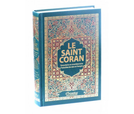 Le Saint Coran de couleur verte avec arabesques bordeaux bordées de dorures - arabe-français-phonétique - Transcription en caractères latins et traduction des sens en français