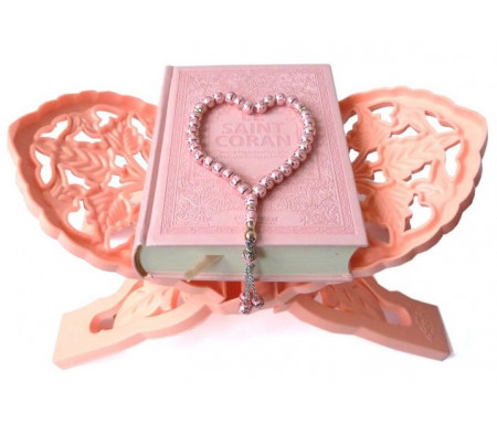 Coffret/Pack cadeau de luxe rose claire pour femme : Le Saint Coran (français/arabe/phonétique) + Porte Coran + Chapelet