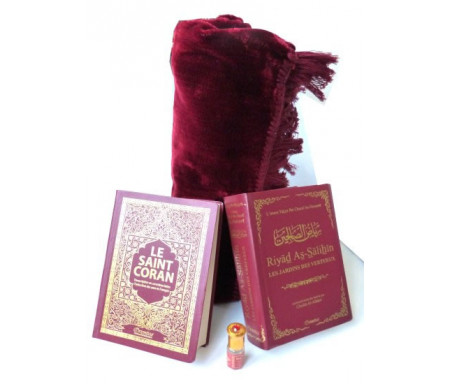 Coffret/Pack Cadeau islam pour homme : Le Saint Coran (arabe-français-phonétique) + Riyâd As-Sâlihîn + Parfum musk Makkah (3ml) + Tapis de prière couleur unie bordeaux