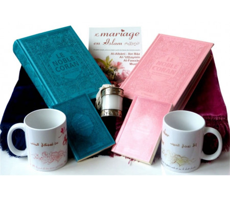 Coffret/Pack Cadeau Mariage : Le Noble Coran avec couleurs Arc-en-ciel, Citadelle du Musulman, Tapis en velours, Livre sur le mariage, Mug époux/épouse et une bougie