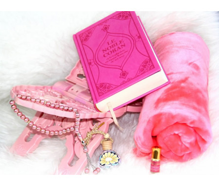 Coffret/Pack cadeau prière pour femme : Tapis rose, Coran luxe rose,Porte coran, Diffuseur de parfums, parfum Musc d'Or et chapelet perles