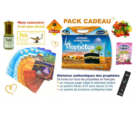 Pack Cadeau : Histoires authentiques des prophètes (24 livres) + Parfum Musc d'Or Aladin + Sachet bonbons confiseries Halal + Marque-page (Règle & alphabet arabe)