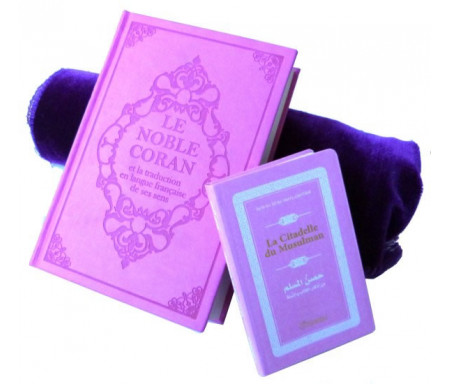 Pack cadeau : Le Noble Coran (bilingue français/arabe) mauve + La Citadelle Du Musulman mauve assortie + tapis de priere en velours