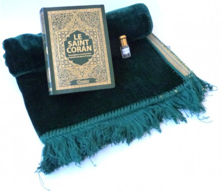 Pack Cadeau : Le Saint Coran (français-arabe-phonétique) vert + Tapis de prière en velours vert + Parfum musc mixte (3ml)