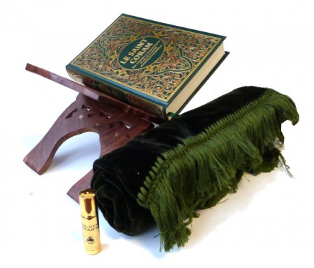 Pack cadeau : Le Saint Coran arabe avec traduction en langue française +Tapis en velour couleur + Porte Coran en bois + Parfum concentré Musc d'Or "Silver Stars"