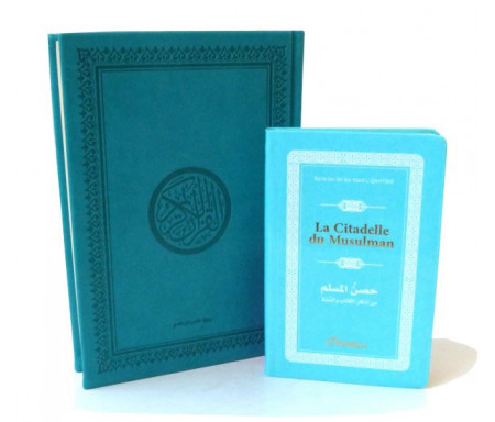 Pack cadeau : Le Saint Coran en arabe couverture daim de luxe (bleu) + La Citadelle du Musulman assortie