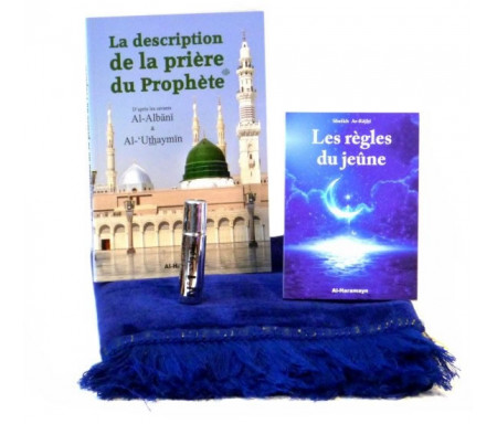 Pack Cadeau Bleu - Spécial Ramadan : Livres La description de la prière du Prophète & Les règles du jeûne, Tapis en velours et Parfum Musc N°1 (8 ml)
