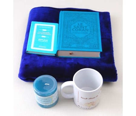 Pack Cadeau Bleu : Coran Français-Phonétique, Citadelle du musulman, bougie parfumée, tapis et mug "A mon cher époux"