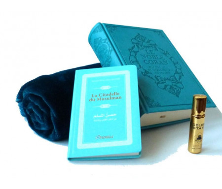 Pack cadeau bleu : Le Noble Coran (bilingue français/arabe) + La Citadelle du Musulman + Tapis de prière en velours + Parfum Musc d'Or au choix (homme/femme)