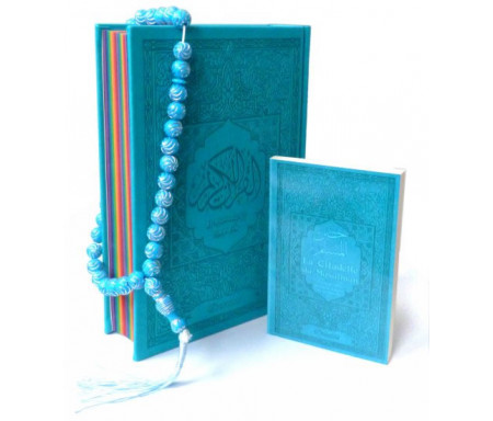 Pack Cadeau Bleu : Le Saint Coran Rainbow Bilingue (aux couleurs Arc-en-ciel) + La Citadelle du Musulman (français/arabe/phonétique) + Chapelet assorti