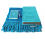 Pack Cadeau bleu assorti : Le Noble Coran Arc-en-ciel (Rainbow français-arabe) avec tapis uni et parfum Musc d'Or de luxe "Aicha"