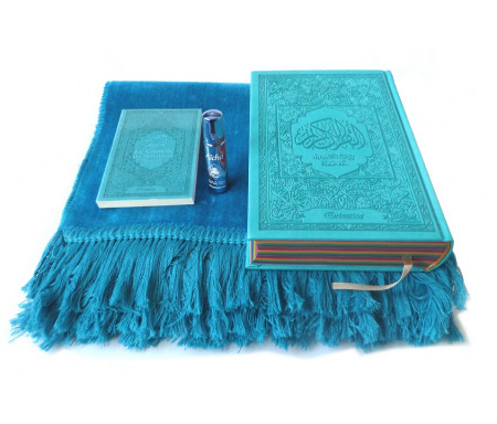 Pack Cadeau bleu assorti : Le Noble Coran Arc-en-ciel (Rainbow français-arabe) avec tapis uni et parfum Musc d'Or de luxe "Aicha"