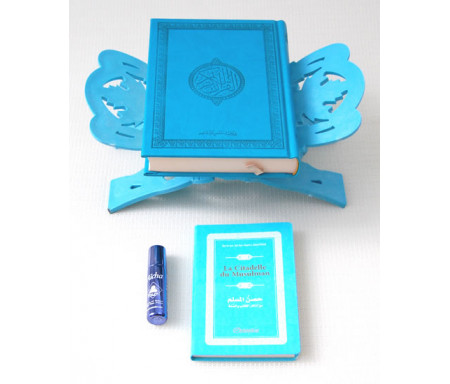 Pack Cadeau bleu clair : Coran de luxe arabe, La Citadelle du musulman, Porte-Coran et parfum Musc d'Or