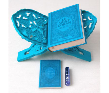 Pack Cadeau Bleu pour Femme : Coran français-arabe-phonétique, La Citadelle du musulman, Porte-Coran et parfum "Aïcha"