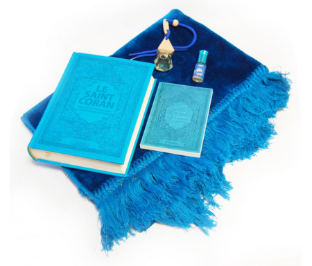 Pack Cadeau Bleu Turquoise : Le Saint Coran de Luxe en Daim (arabe-français-phonétique), La Citadelle du Musulman, Parfum Musc et Diffuseur de parfum Musc d'Or