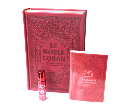 Pack Cadeau Bordeaux : Le Noble Coran Rainbow (Arc-en-ciel) Bilingue français/arabe, La Citadelle du Musulman et parfum pour femmes