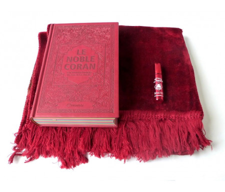 Pack Cadeau bordeaux assorti : Le Noble Coran Arc-en-ciel (Rainbow français-arabe) avec tapis uni et parfum Musc d'Or de luxe "Saida"