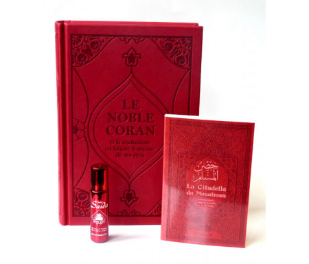 Pack Cadeau Bordeaux pour femmes : Le Noble Coran Bilingue français/arabe, La Citadelle du Musulman et parfum de luxe