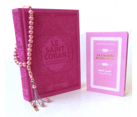 Pack Cadeau Couleur Rose : Le Saint Coran (français/arabe/phonétique) + La Citadelle du musulman + Chapelet "Sebha" de luxe rose