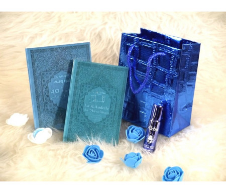 Pack cadeau de couleur bleue avec 2 livres : Les 40 hadiths & La Citadelle du musulman (bilingues français/arabe) - Parfum deluxe - Sac cadeau