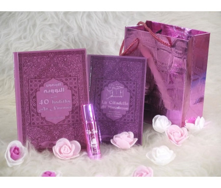 Pack cadeau de couleur mauve avec 2 livres : Les 40 hadiths & La Citadelle du musulman (bilingues français/arabe) - Parfum deluxe - Sac cadeau