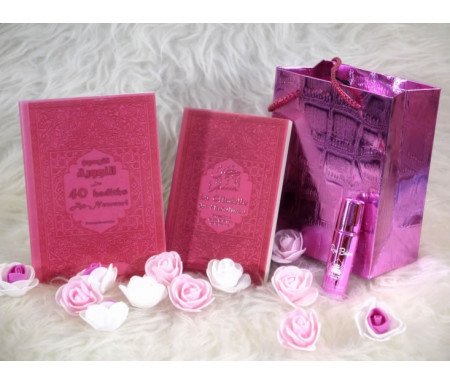 Pack cadeau de couleur rose avec 2 livres : Les 40 hadiths & La Citadelle du musulman (bilingues français/arabe) - Parfum deluxe - Sac cadeau