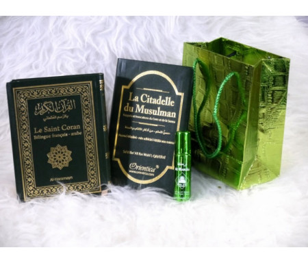 Pack cadeau de couleur vert : Le Saint Coran & La Citadelle du musulman (bilingues français/arabe) - Parfum deluxe - Sac brillant