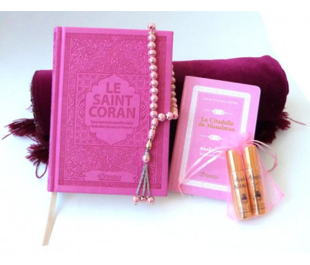 Pack Cadeau de Luxe pour Femmes : Le Saint Coran couverture daim + Deux Parfum Musc d'Or "Amira et Rouh Al-Musk" (8 ml) avec étui rose + Chapelet rose assorti + Tapis de prière rose