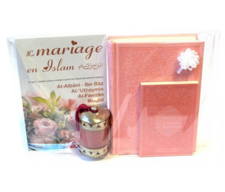 Pack Cadeau Halal rose pour femmes : Livre "Le mariage en Islam" + Le Saint Coran (français/arabe/phonétique) + La Citadelle du musulman + Bougie