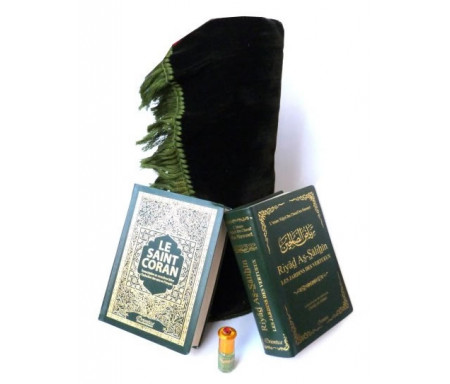 Pack cadeau hommes : Le Saint Coran (arabe-français-phonétique) + Riyâd As-Sâlihîne + Parfum musk Makkah (3ml) + Tapis de prière couleur unie verte