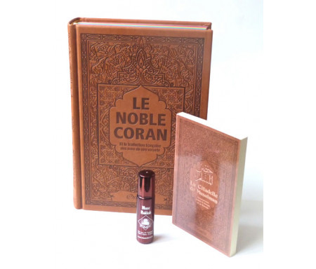 Pack Cadeau Marron : Le Noble Coran Rainbow (Arc-en-ciel) Bilingue français/arabe, La Citadelle du Musulman et parfum Musc Makkah pour hommes