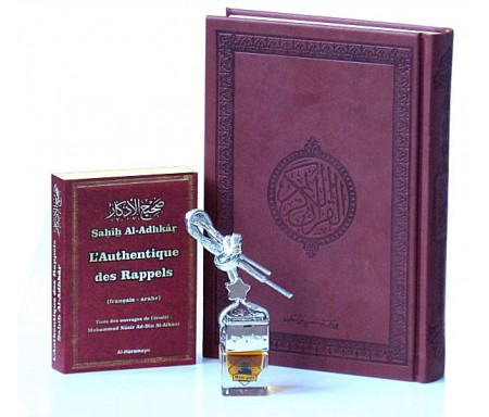 Pack Cadeau Marron : Le Saint Coran de luxe (en arabe) + Sahîh Al-Adhkâr "Le rappel authentique" (Bilingue) + Diffuseur de parfum pour voiture