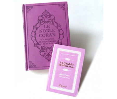 Pack cadeau mauve : Le Noble Coran (bilingue français/arabe) + La Citadelle du Musulman assortie