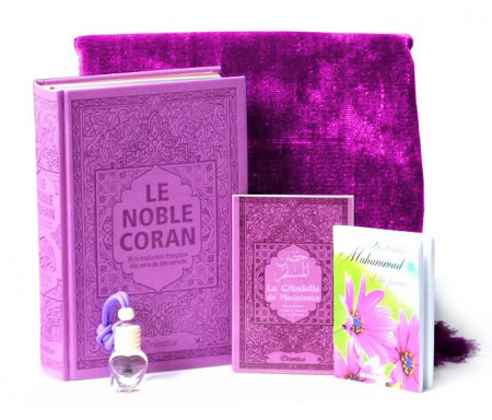 Pack Cadeau Mauve : Le Noble Coran avec couleurs Arc-en-ciel (Rainbow), La Citadelle du Musulman, Le Prophète Muhammad (SAW) et la femme, Tapis uni en velours, Diffuseur de parfum (assortis)