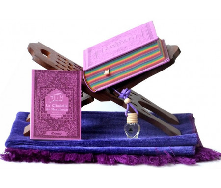 Pack Cadeau Mauve : Le Noble Coran avec pages en couleur Arc-en-ciel (Rainbow), La Citadelle du Musulman, Tapis en velours, Porte Coran et Diffuseur de parfum