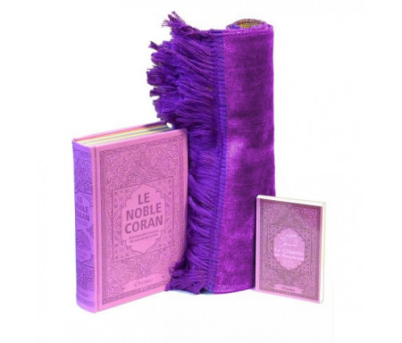 Pack Cadeau Mauve : Le Noble Coran Rainbow (Arc-en-ciel) Bilingue français/arabe, La Citadelle du Musulman et Tapis en velours assorti