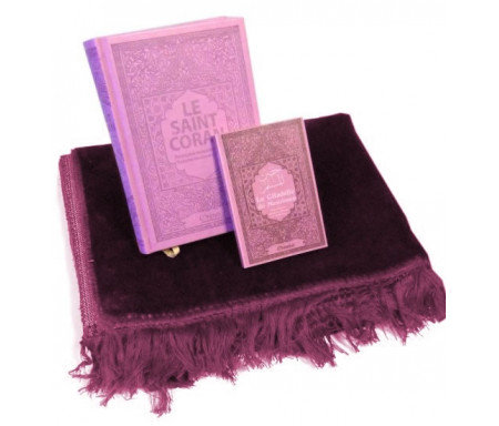 Pack cadeau mauve : Le Saint Coran (français/arabe/phonétique) + La Citadelle du musulman (Hisnul Muslim) + Tapis de prière en velours