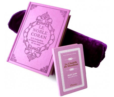 Pack cadeau mauve pour femmes : Le Noble Coran (bilingue français/arabe) + La Citadelle du Musulman + Tapis de prière en velours