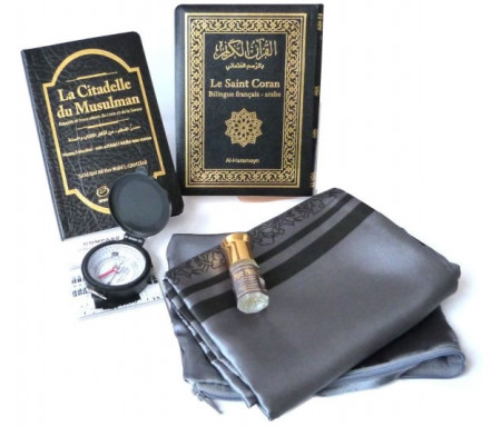 Pack Cadeau Noir : Le Saint Coran Bilingue (arabe-français) + La Citadelle du musulman + Tapis de prière de poche + Parfum Pure Musk