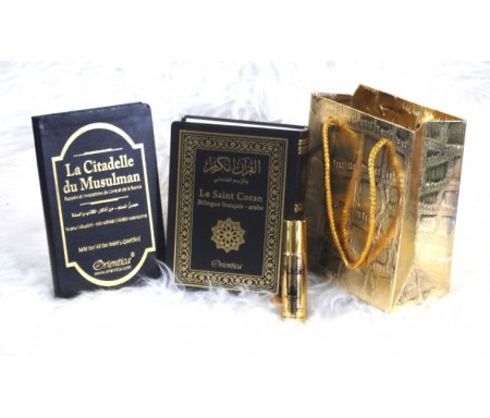 Pack cadeau noir doré avec livres : Le Saint Coran & La Citadelle du musulman (bilingues français/arabe) - Parfum deluxe Aladin & Sac doré