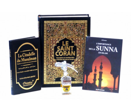 Pack Cadeau Noir pour hommes : Le Saint Coran et La Citadelle du musulman (français/arabe/phonétique) + Diffuseur de parfum + L'importance de la Sunna en Islam