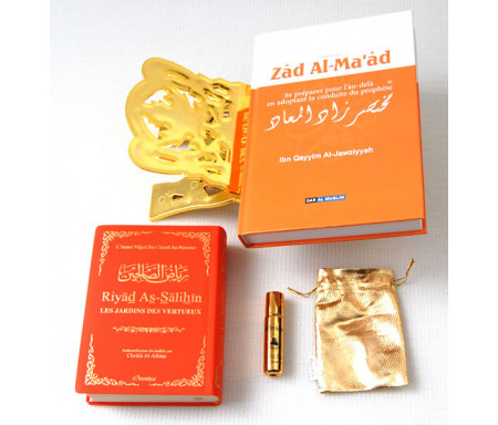 Pack Cadeau Orange : Résumé de "Zâd Al-ma'âd", "La citadelle du musulman", Porte Coran doré, et parfum avec pochette dorée