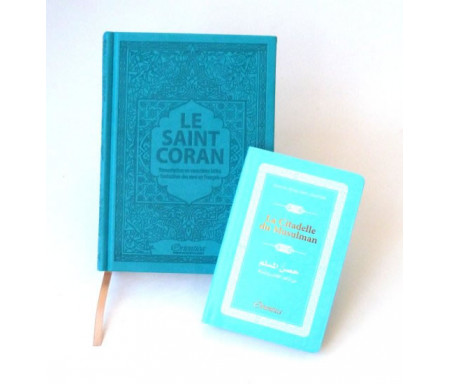 Pack cadeau pour femmes : Le Saint Coran couverture daim de luxe + La Citadelle du Musulman assortie (couleur bleue claire assortie et en arabe-françai-phonétique)