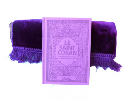 Pack cadeau pour femmes : Le Saint Coran (arabe-français-phonétique) avec couverture daim de luxe (mauve) + Tapis unis en velours couleur mauve