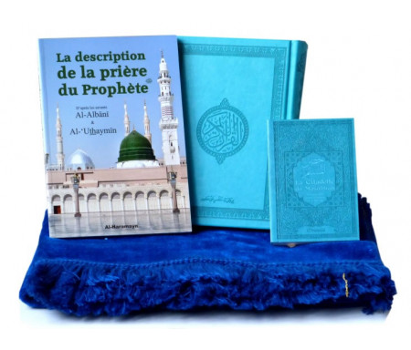 Pack Cadeau Prière Bleu : Le Saint Coran + La Citadelle du musulman + La description de la prière du prophète + Tapis assorti